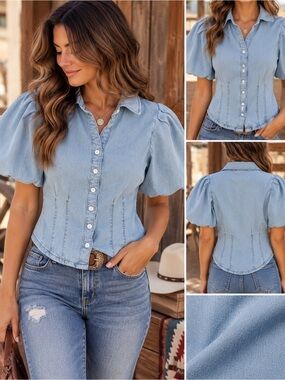 bagatelle Light Blue Puff-Sleeve Denim Button-Down Top